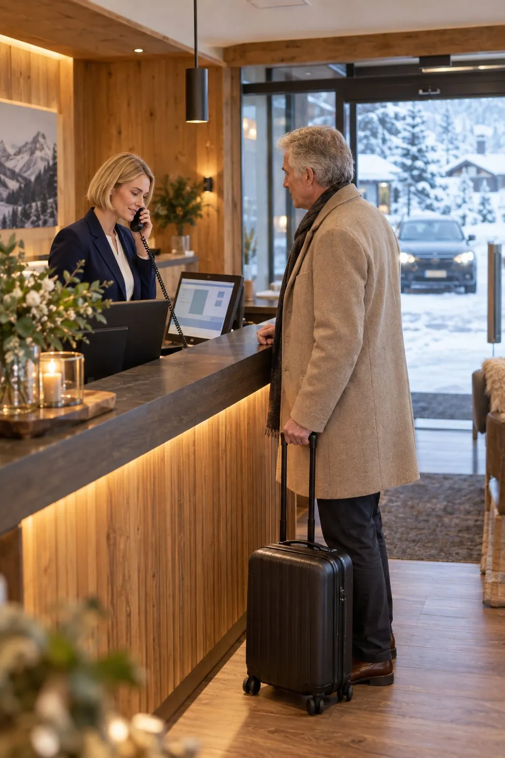 Rezeptionistin eines Alpenhotels telefoniert, während ein Geschäftsgast mit Koffer wartet und draußen ein Wagen bereitsteht
