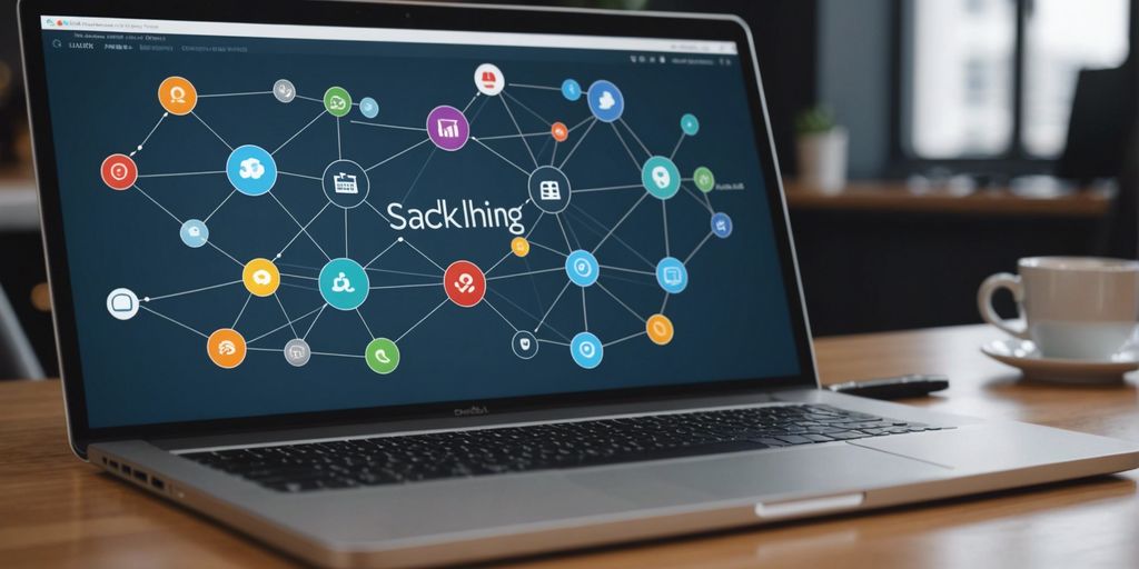 Digital marketing concept with backlinks, rising SEO graph, and laptop analytics for effective backlink-building strategies.
