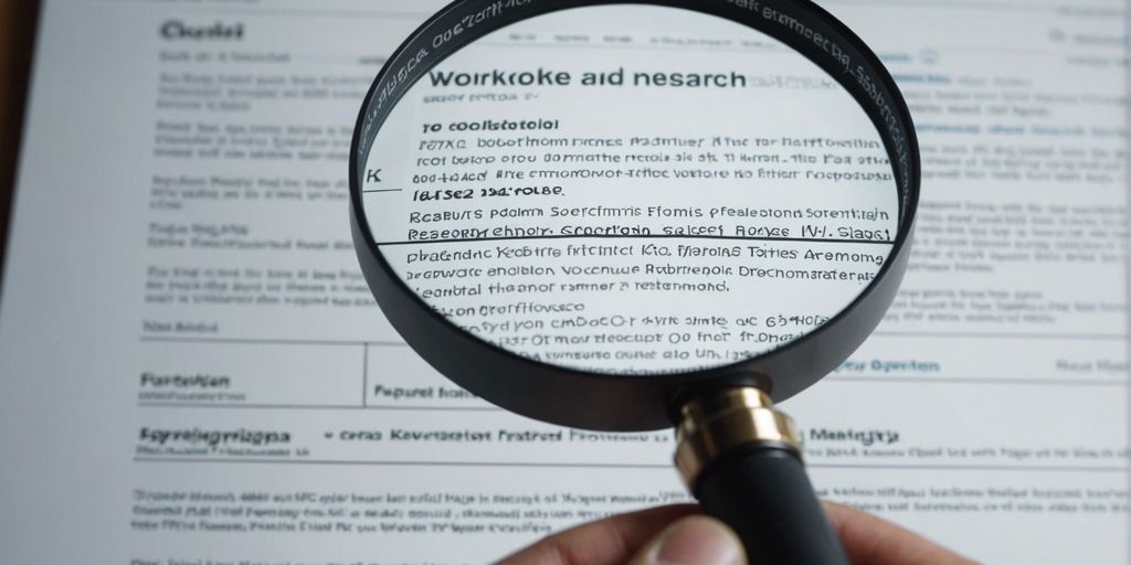 Magnifying glass over a webpage highlighting keywords, representing the importance of keyword research and analysis for SEO.