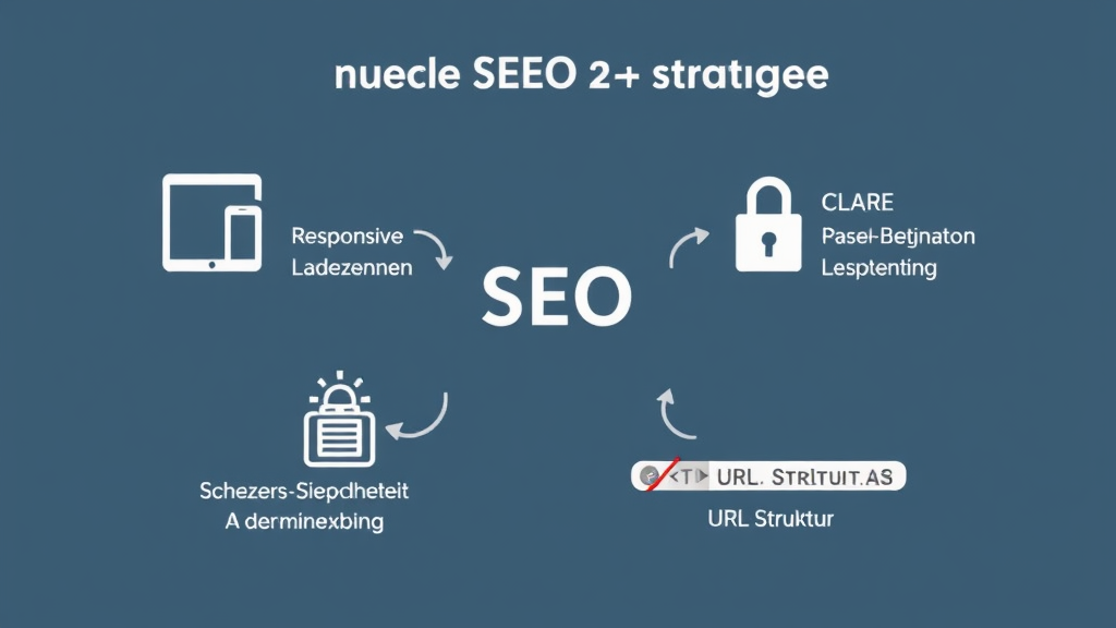 Darstellung der SEO-Strategie mit Symbolen für responsives Design, schnelle Ladezeiten, HTTPS-Sicherheit und klare URL-Struktur zur Verbesserung der Sichtbarkeit.