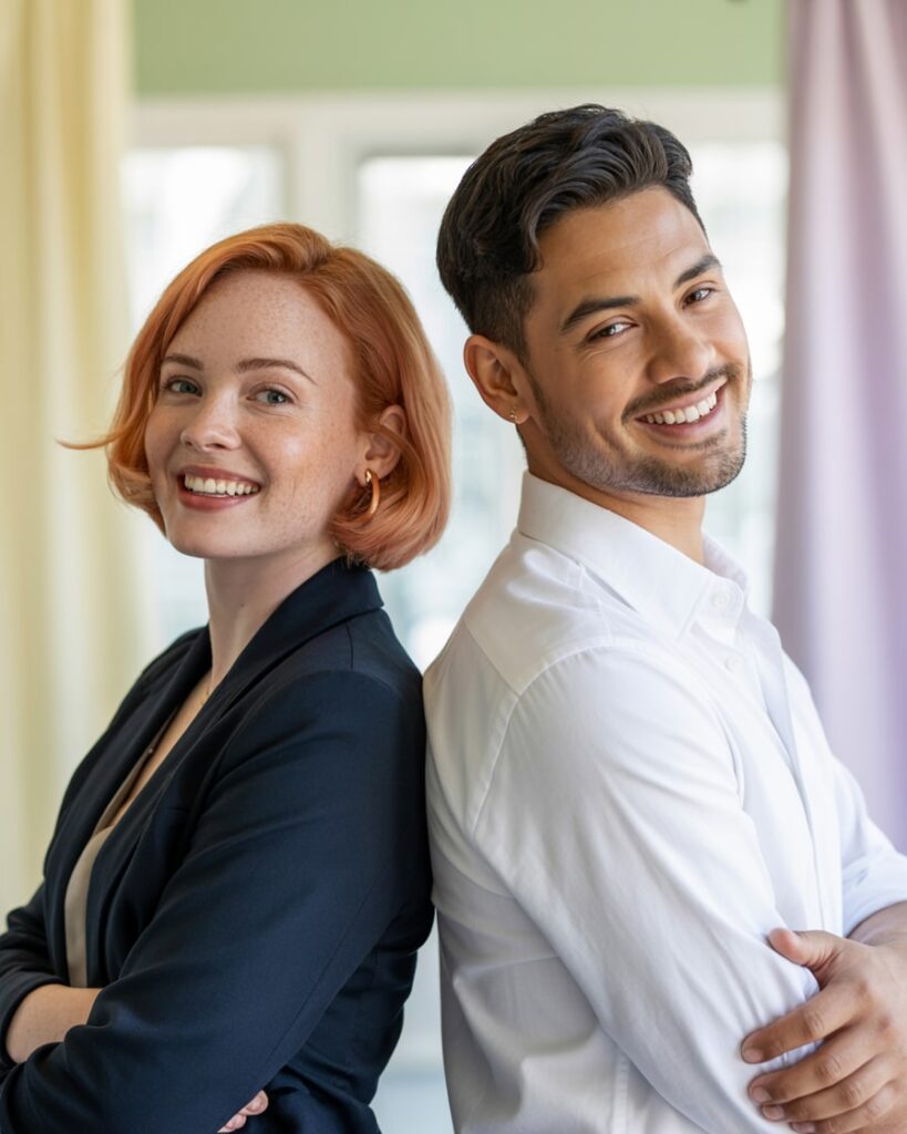 Zwei lächelnde Agenturmitarbeitende Rücken an Rücken – Zusammenarbeit in der Online Marketing Agentur