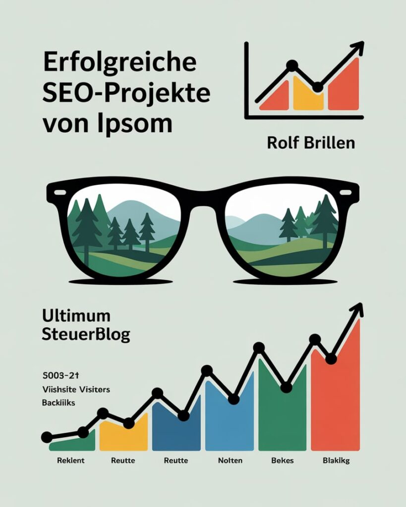 Illustration mit Sonnenbrille zeigt erfolgreiche SEO-Projekte von Ipsom mit steigenden Diagrammen und visualisierten Daten für Kunden wie Rolf Brillen und Ultimum SteuerBlog.