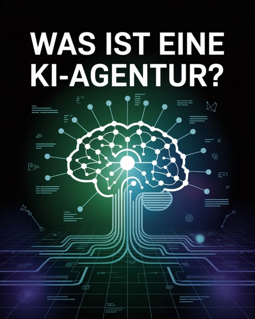 Visualisierung eines neuronalen Netzwerks mit dem Text „Was ist eine KI-Agentur?“ – Einführung in AI-Dienstleistungen