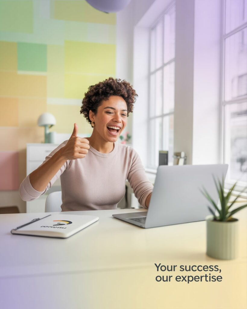 Zufriedene Frau zeigt Daumen hoch vor Laptop mit Text „Your success, our expertise“ – Erfolg durch SEA Agentur