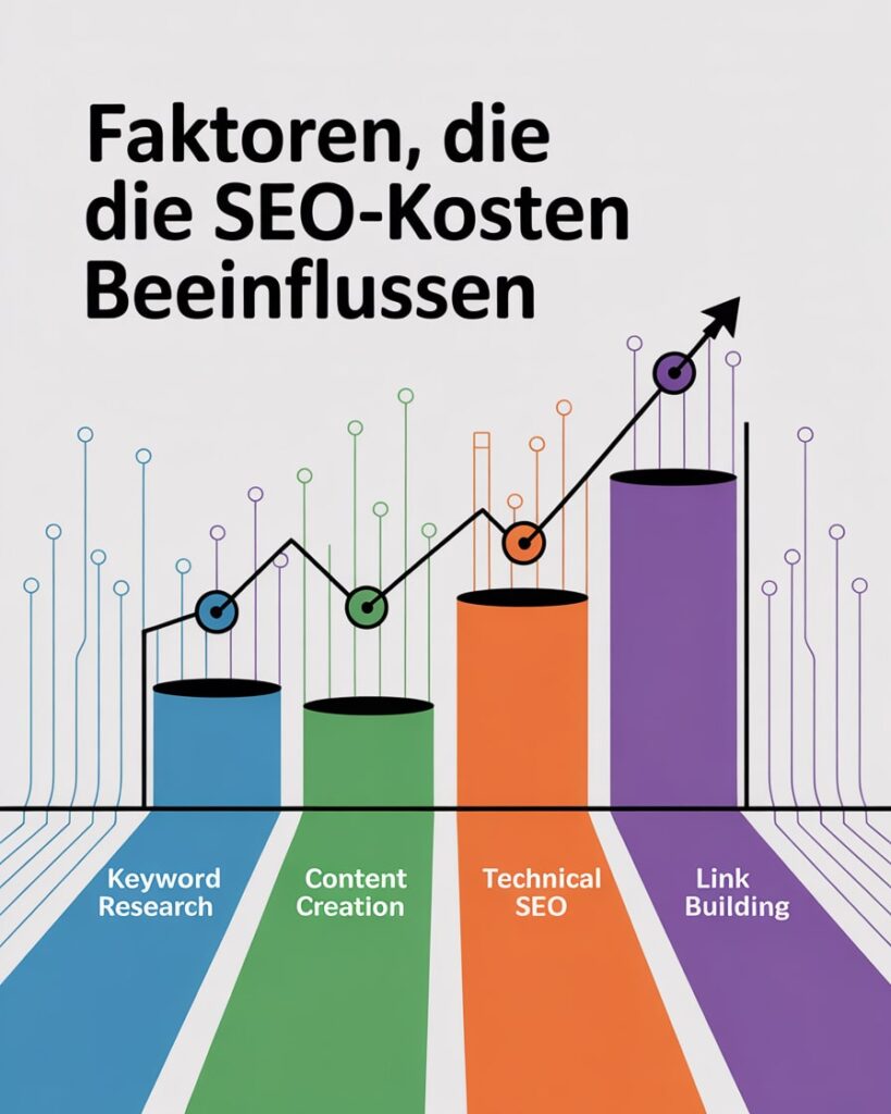 Bunte Infografik zeigt vier Balken mit den wichtigsten Faktoren, die die SEO-Kosten beeinflussen: Keyword Research, Content Creation, Technical SEO und Link Building.