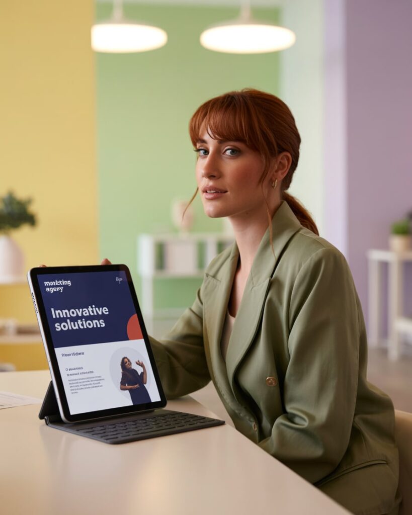 Frau in Agenturumgebung präsentiert Tablet mit Online Marketing Konzept – Fokus auf Innovation
