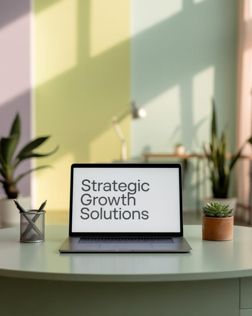 Laptop zeigt den Text „Strategic Growth Solutions“ – Fokus auf Wachstumsstrategien durch eine Marketing Agentur Tirol
