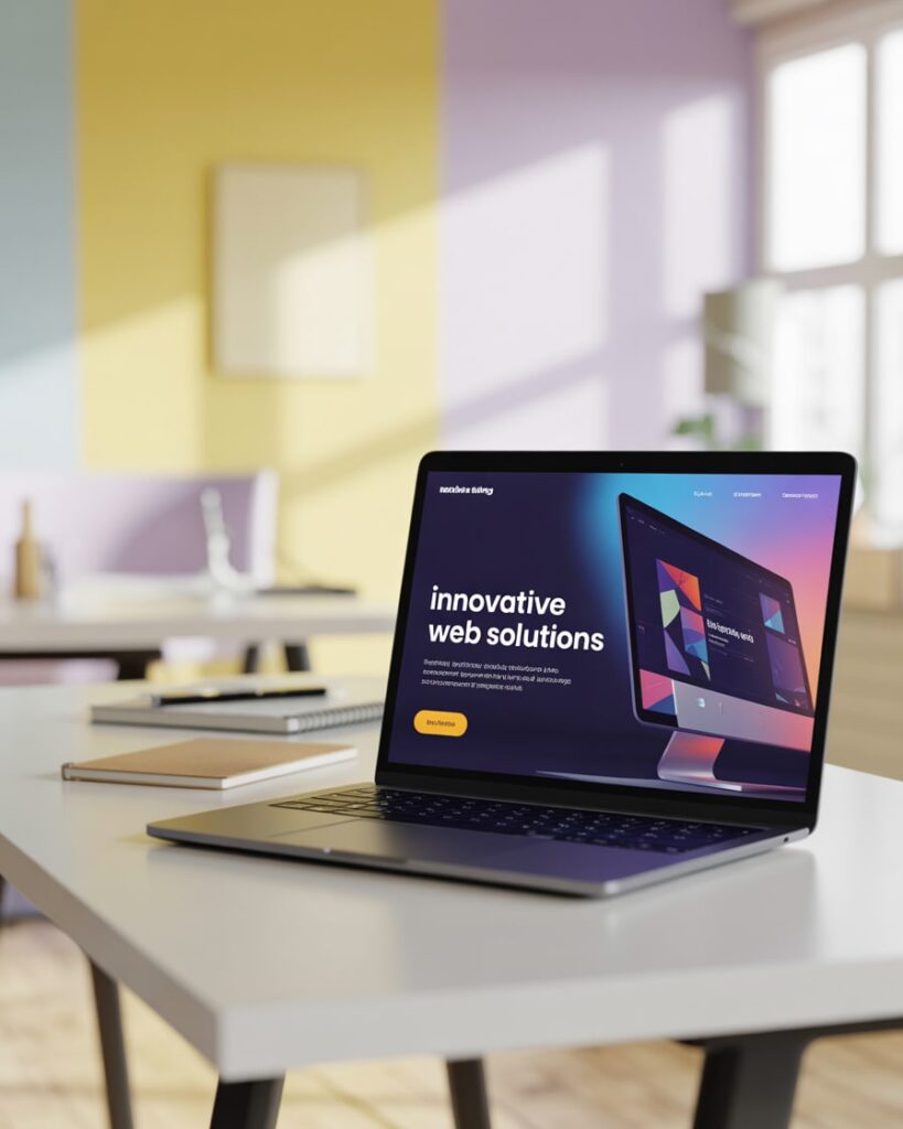 Laptop zeigt Website mit dem Titel „innovative web solutions“ – technologische Präsentation einer KI Agentur