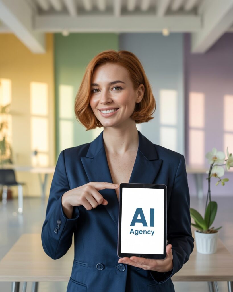 KI Agentur 5 Businessfrau zeigt auf Tablet mit der Aufschrift „AI Agency“ – Symbol für moderne KI Agentur