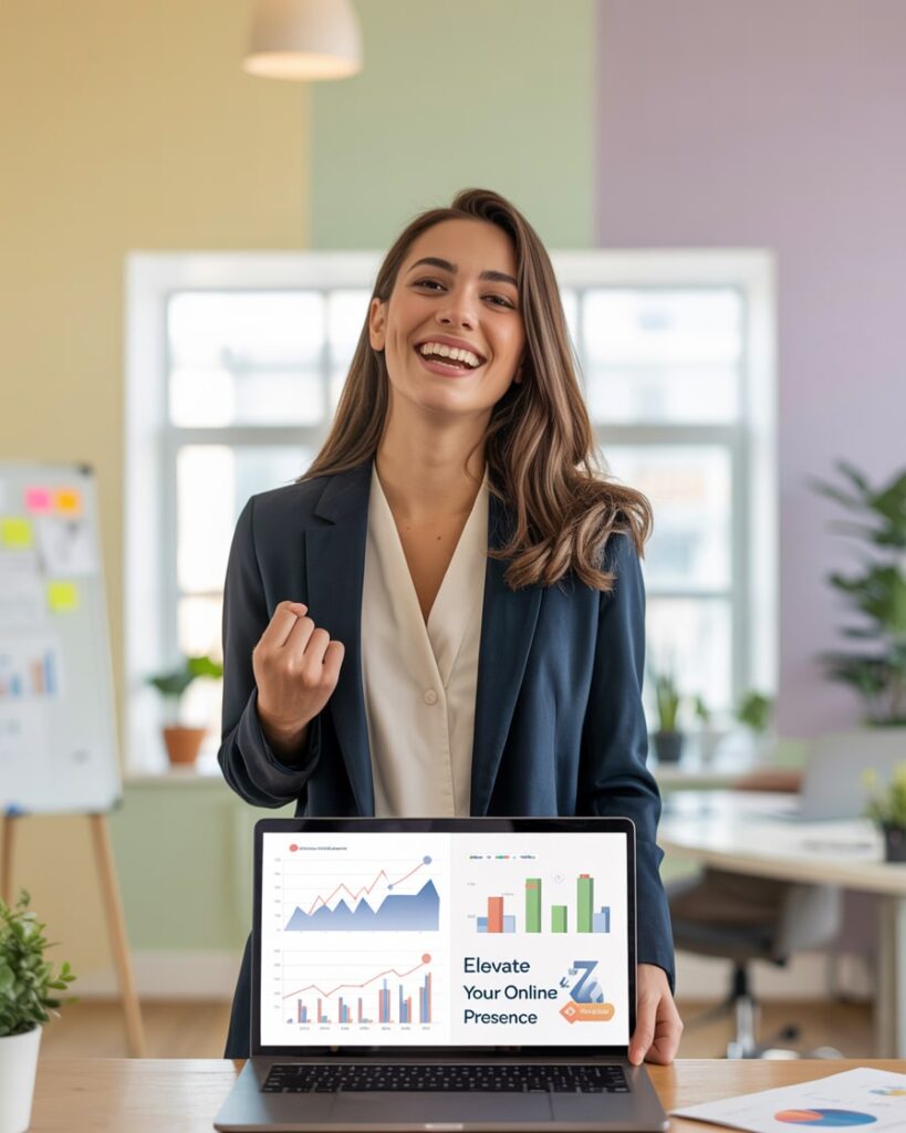 Lächelnde Frau zeigt Laptop mit SEA-Diagrammen und dem Text „Elevate your online presence“ – ideal für SEA Agentur