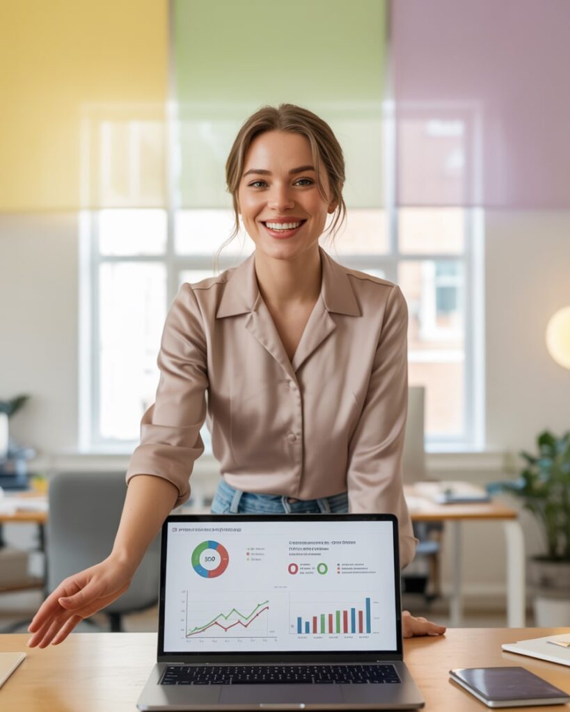 Business-Expertin zeigt SEO Marketing-Auswertung und Website-Performance