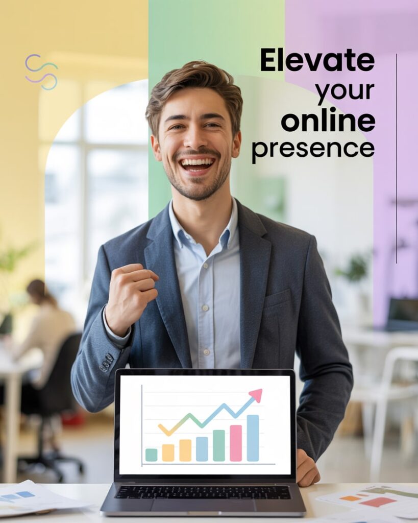 Lächelnder Mann präsentiert Laptop mit wachsender Erfolgskurve – Symbol für Online Marketing Agentur-Erfolg