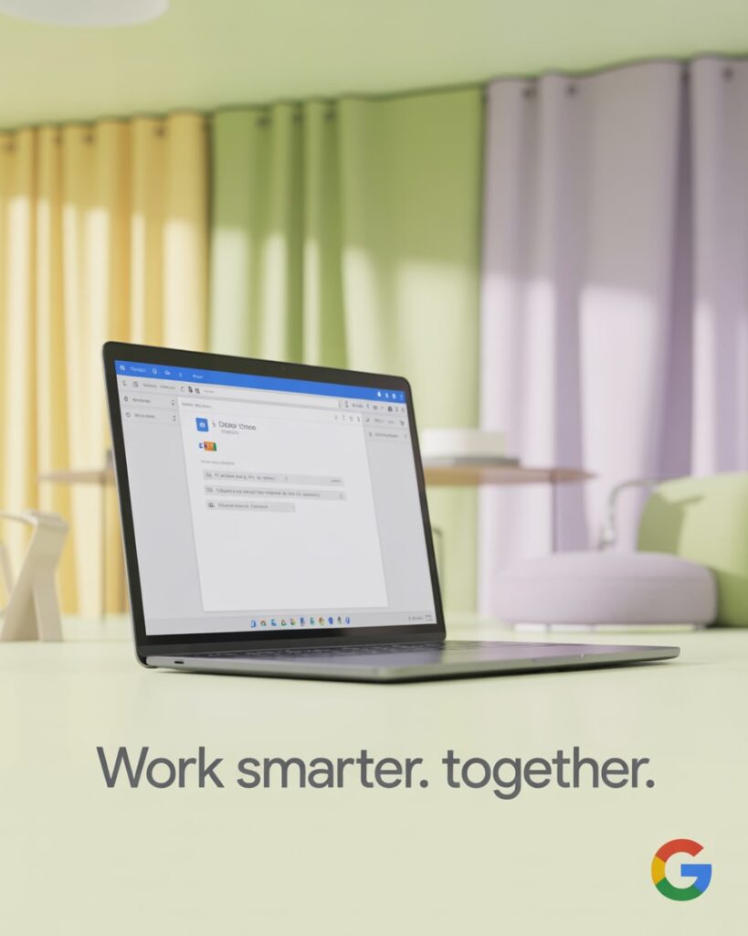 Laptop mit Google Workspace Oberfläche – Teamarbeit und Organisation zur Optimierung des Google Unternehmensprofils