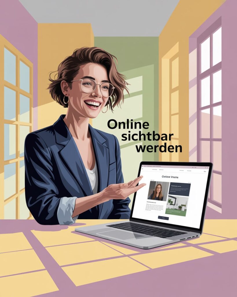 Illustration einer Expertin, die SEO Beratung zur Online-Sichtbarkeit erklärt