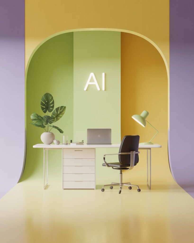 Moderner Arbeitsplatz mit Leuchtschrift „AI“ – kreative Umgebung für eine KI Agentur
