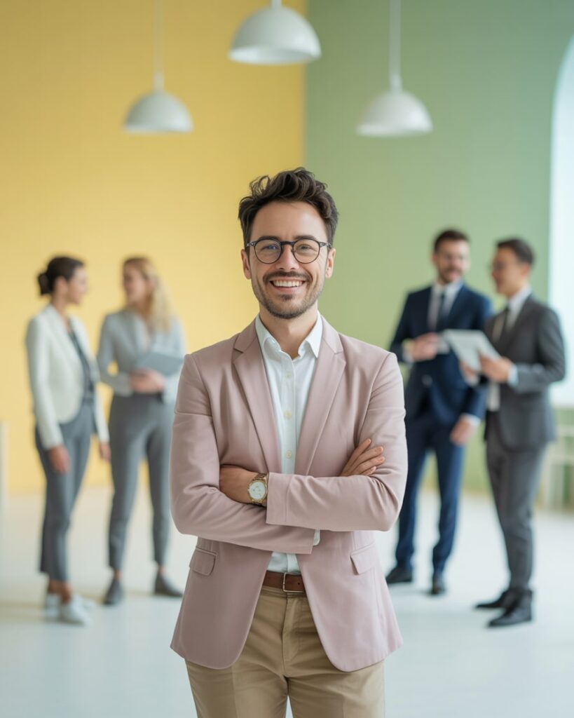 Mitarbeitersuche 5 Selbstbewusster junger Mann im Fokus vor einem Business-Team – Symbolbild für erfolgreiche Mitarbeitersuche