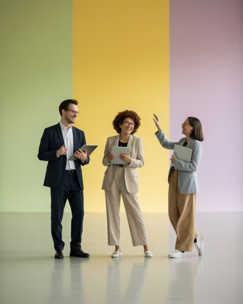 Junges Team unterhält sich fröhlich im Büro – Teambuilding als Ziel der Mitarbeitersuche