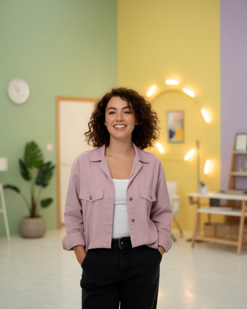 Junge Frau steht in einem modernen Büro mit einem großen Aufsteller, auf dem "SEO Agentur" steht – Fokus auf lokale SEO Agentur Tirol.