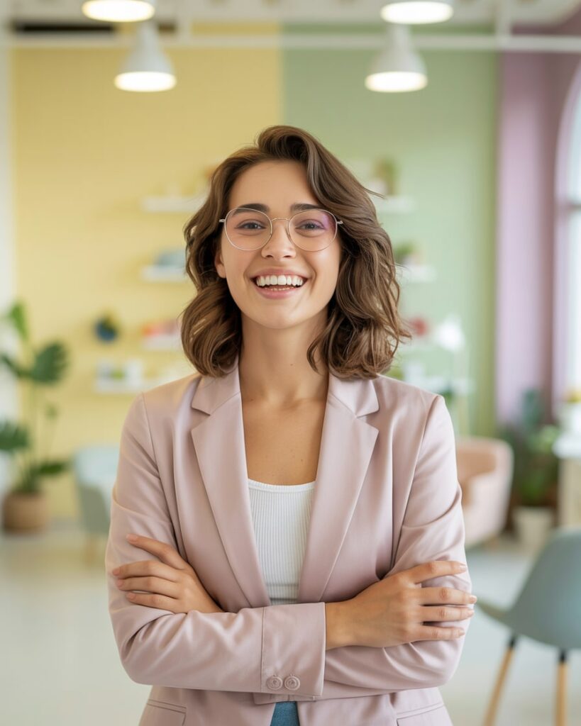 Selbstbewusste Businessfrau im Büro – ideal für Beratung zu Google Unternehmensprofilen