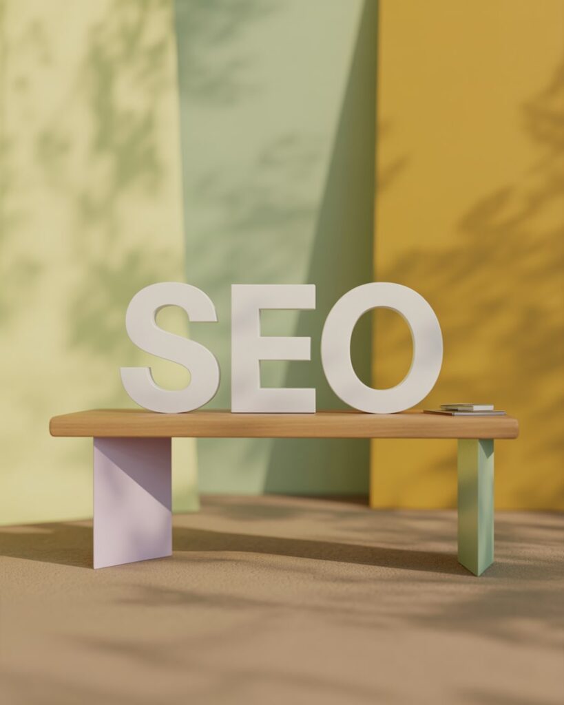 Große weiße Buchstaben "SEO" stehen auf einer modernen Holzbank vor einer farbigen Wand – Symbolbild für SEO Agentur Tirol.