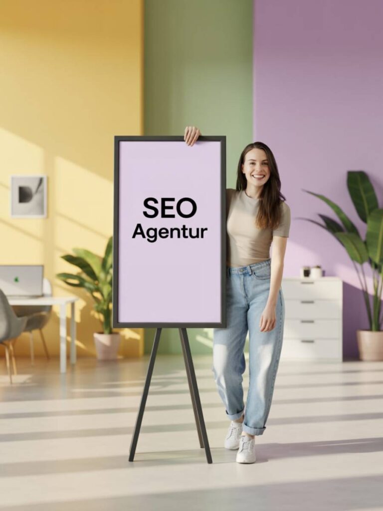 Frau präsentiert ein großes Schild mit der Aufschrift „SEO Agentur“ in einem modernen, farbenfrohen Büro – Thema: SEO Agentur Tirol.