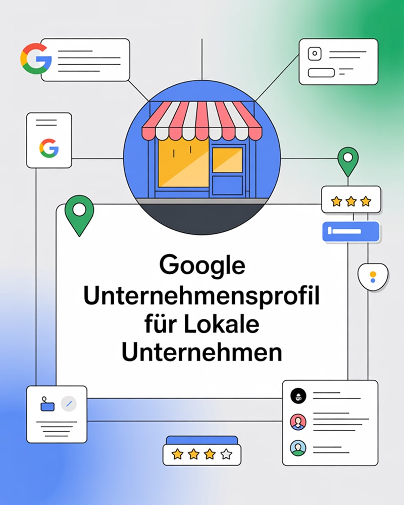 Infografik mit Icons für Standort, Bewertungen und Google Suche – Fokus auf Unternehmensprofil Optimierung