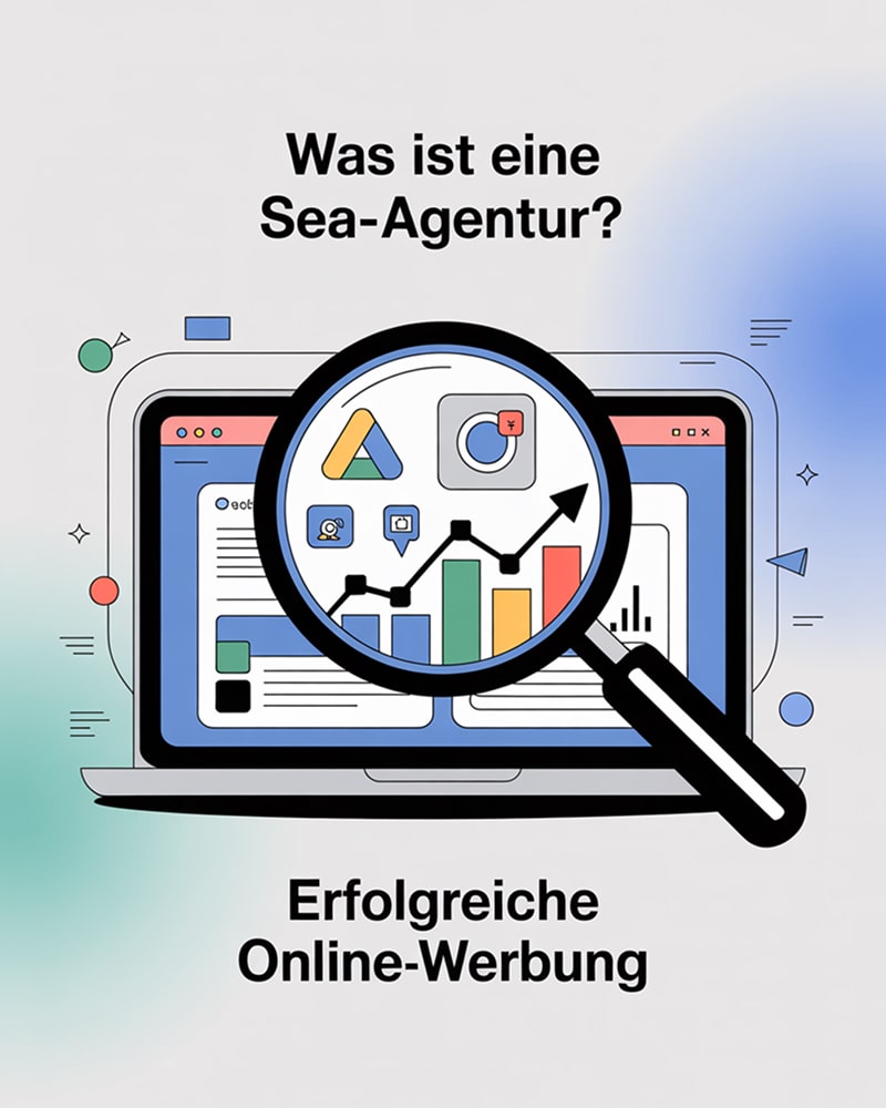 Infografik mit Lupe über SEA-Daten und Google Ads – Erklärung: Was ist eine SEA Agentur?