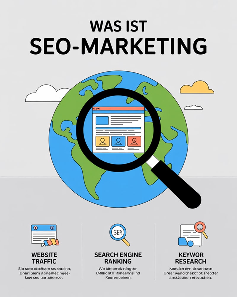 Infografik erklärt SEO Marketing weltweit mit Fokus auf Sichtbarkeit und Ranking
