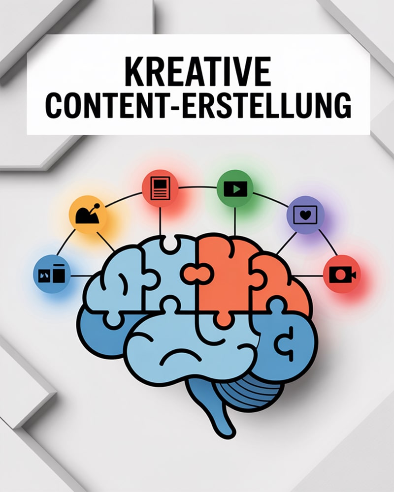Illustration mit Gehirn und Content-Icons – Kreative Inhalte einer Marketing Agentur Tirol