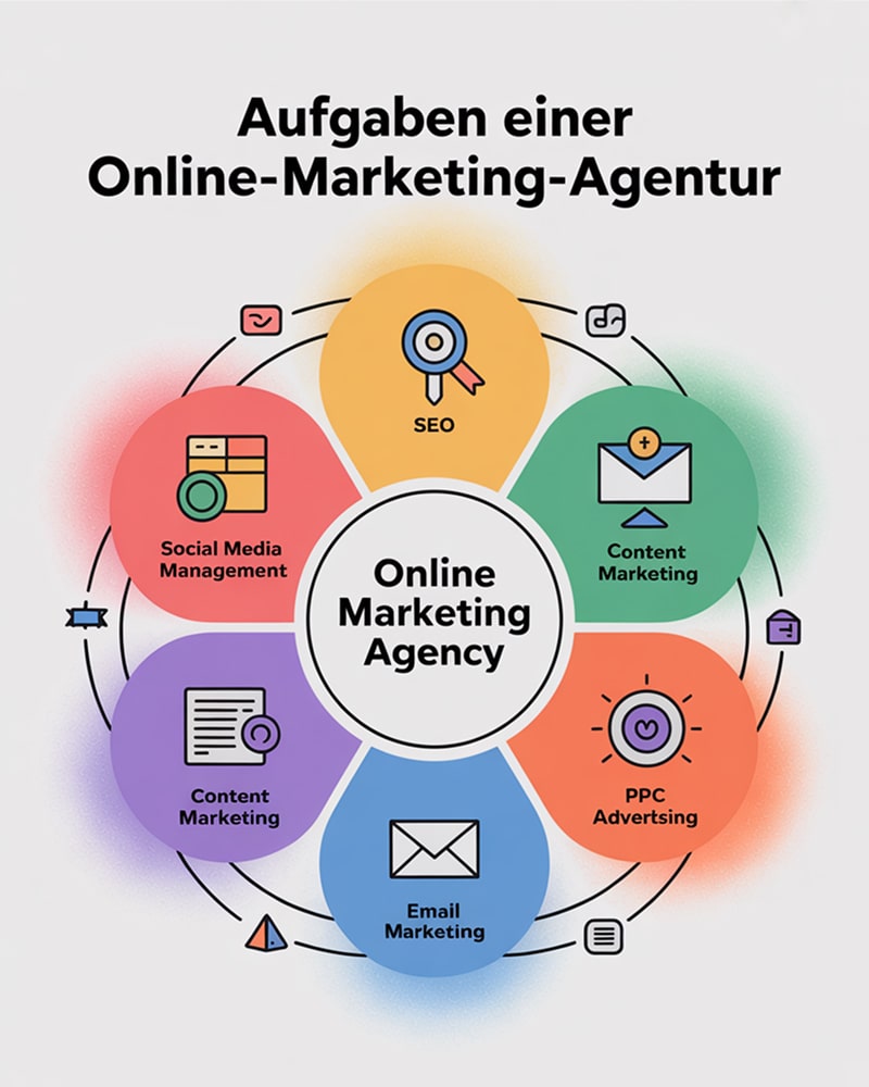 Bunte Infografik zeigt Leistungen einer Online Marketing Agentur – SEO, PPC, Social Media