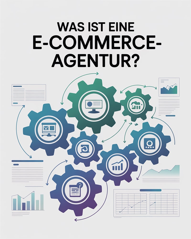 Grafik mit Zahnrädern und Online-Symbolen erklärt die Leistungen einer E-Commerce Agentur