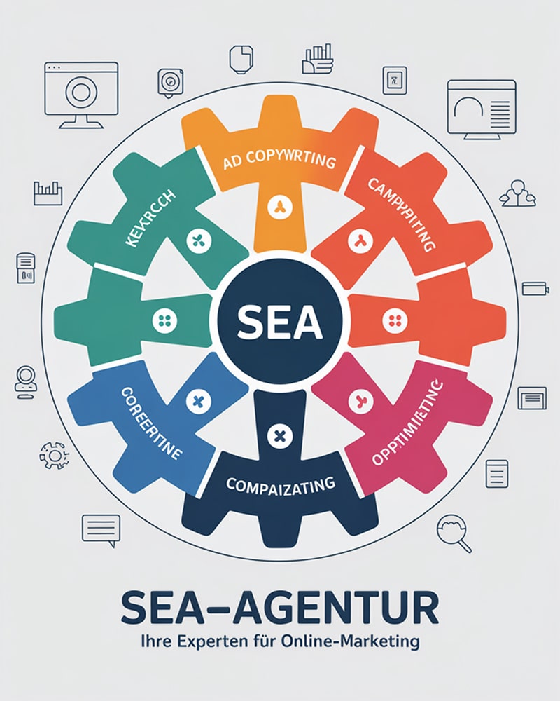 Infografik mit Zahnrädern zu SEA-Kernbereichen – Struktur und Abläufe einer SEA Agentur