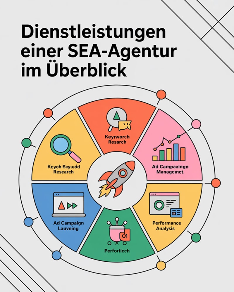 Grafik mit Rakete in der Mitte und SEA-Dienstleistungen rundherum – Überblick einer SEA Agentur